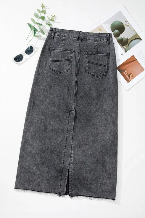 'Mobi' Raw Hem Midi Denim Skirt with Pockets - Celes Fashion
